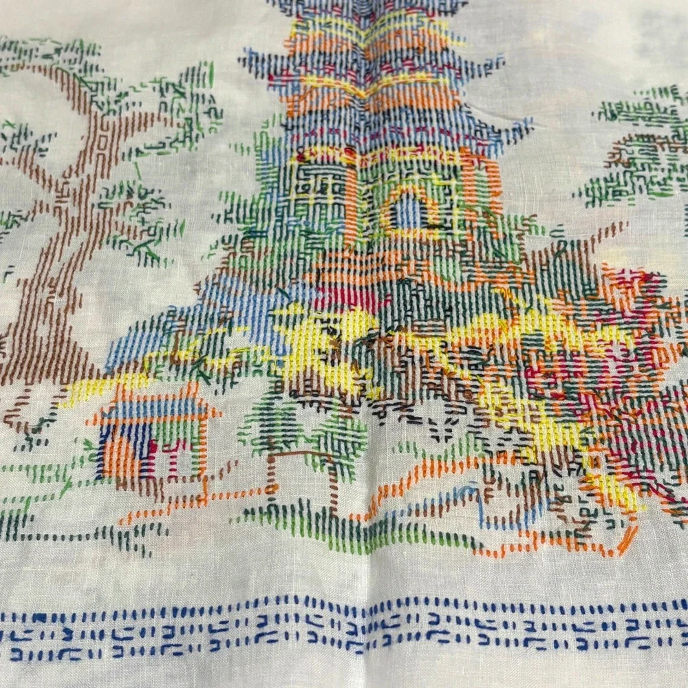 VTG Square Linen Tablecloth 48x48 Cross Stitch Embroidered White Pagoda Asian